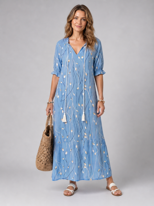 Maïté — Robe longue à lien et pompons, coloris Bleu à tiges de tulipes