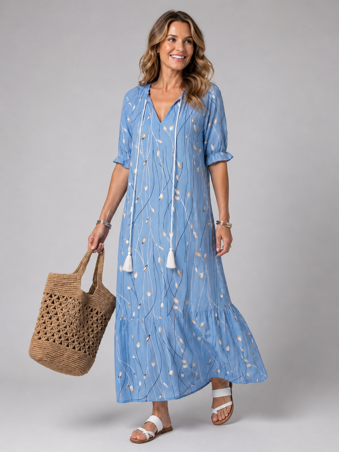 Maïté — Robe longue à lien et pompons