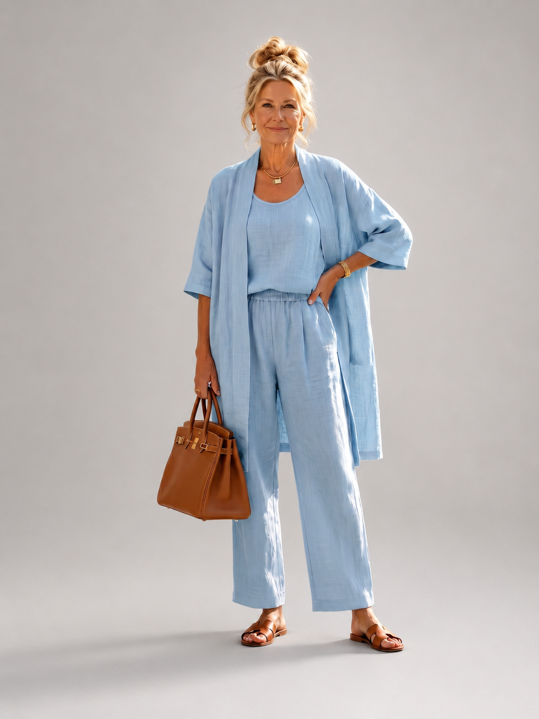 Femme portant un ensemble trois pièces avec haut, pantalon large et pièce ouverte assortie, coloris bleu