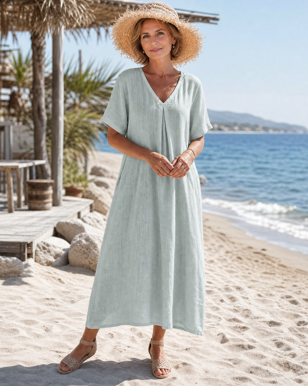 Marine — Robe longue à col V et pli devant, coloris Vert sauge