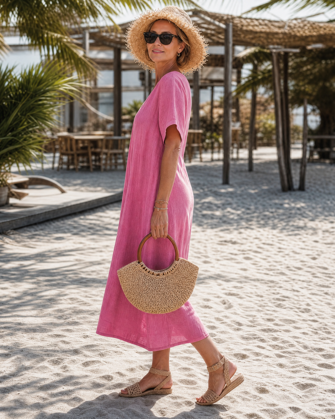 Marine — Robe longue à col V et pli devant