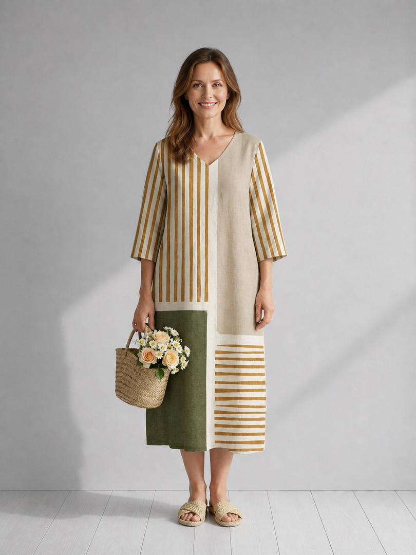 Christiane — Robe midi à rayures et empiècements, coloris Rayé ocre