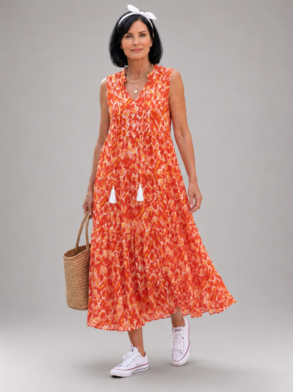 Nolwenn — Robe longue sans manches à volants, coloris Corail
