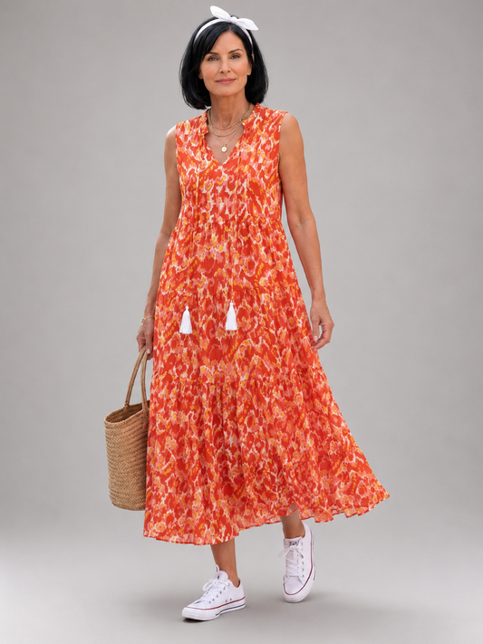 Nolwenn — Robe longue sans manches à volants, coloris Corail