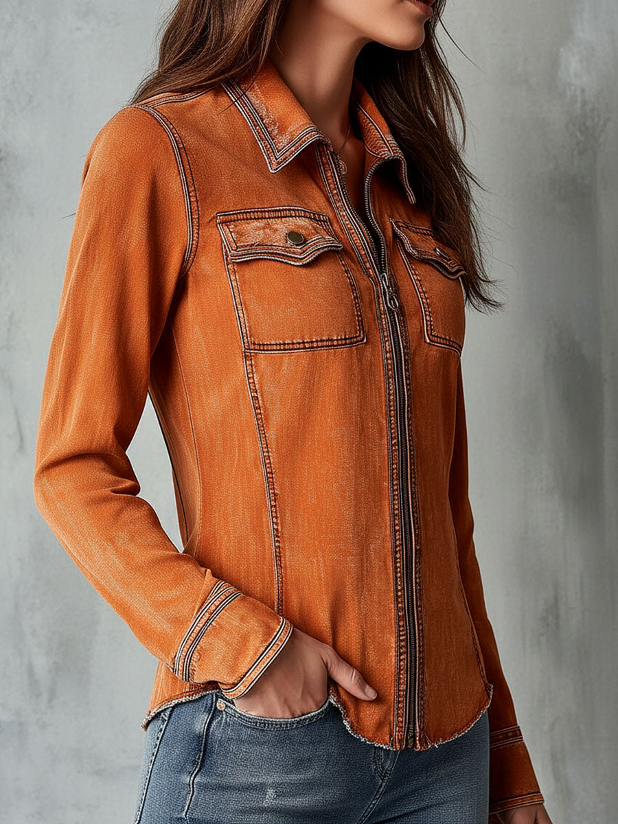 Florentine | Veste zippée en jean délavé terracotta