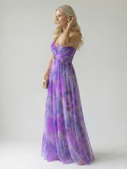 Maïwenn — Robe longue cache-cœur en voile imprimé