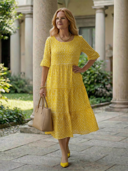 Marielle — Robe midi à pois et volants étagés, coloris Jaune à pois
