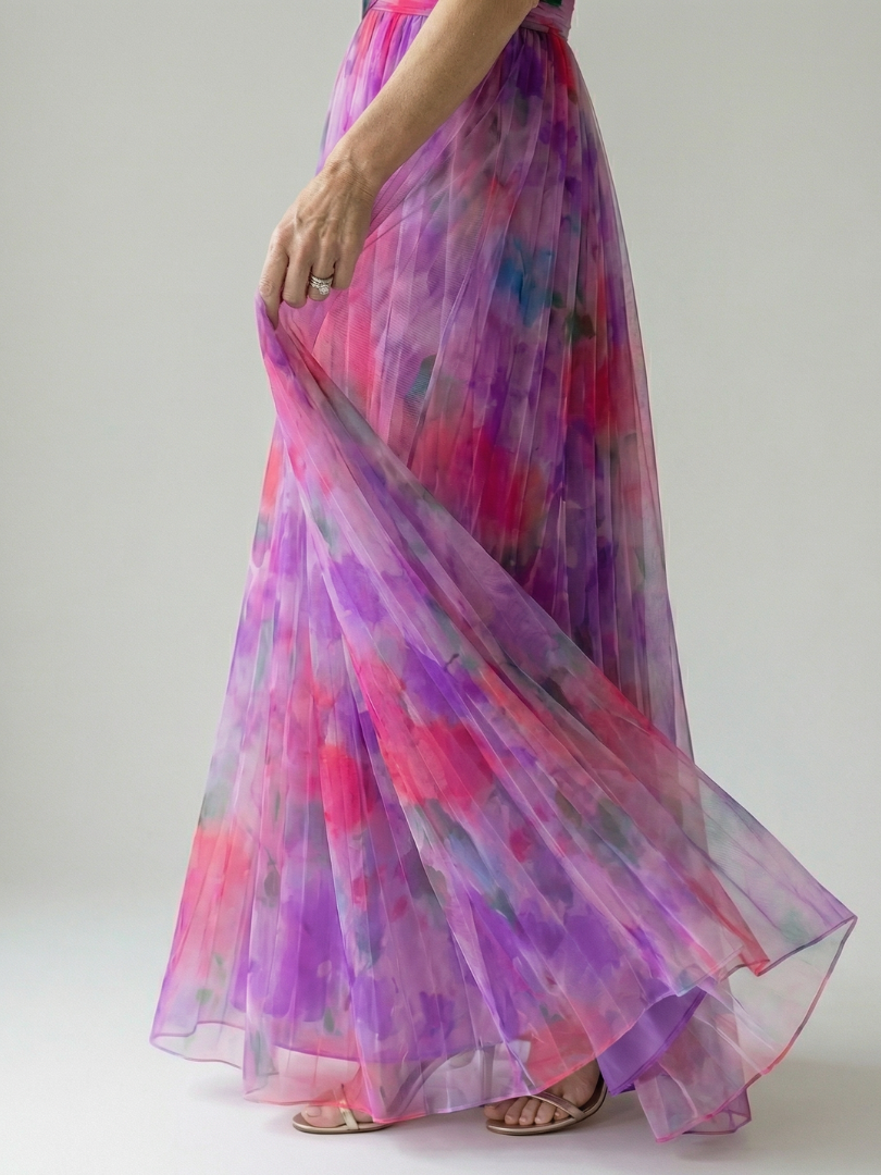 Maïwenn — Robe longue cache-cœur en voile imprimé