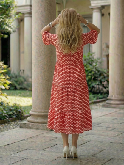 Marielle — Robe midi à pois et volants étagés