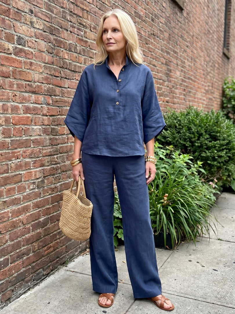 Femme portant un ensemble deux pièces avec tunique boutonnée et pantalon droit, coloris bleu marine