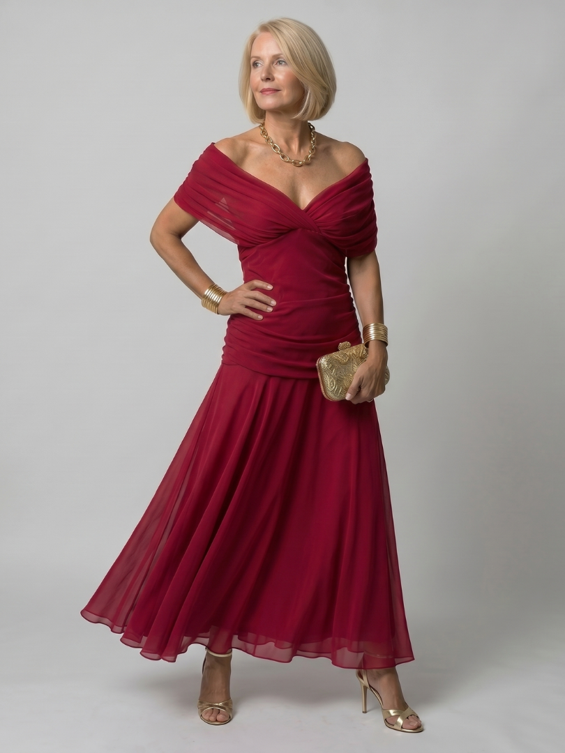 Sidoine — Robe longue épaules dénudées froncée, coloris Framboise