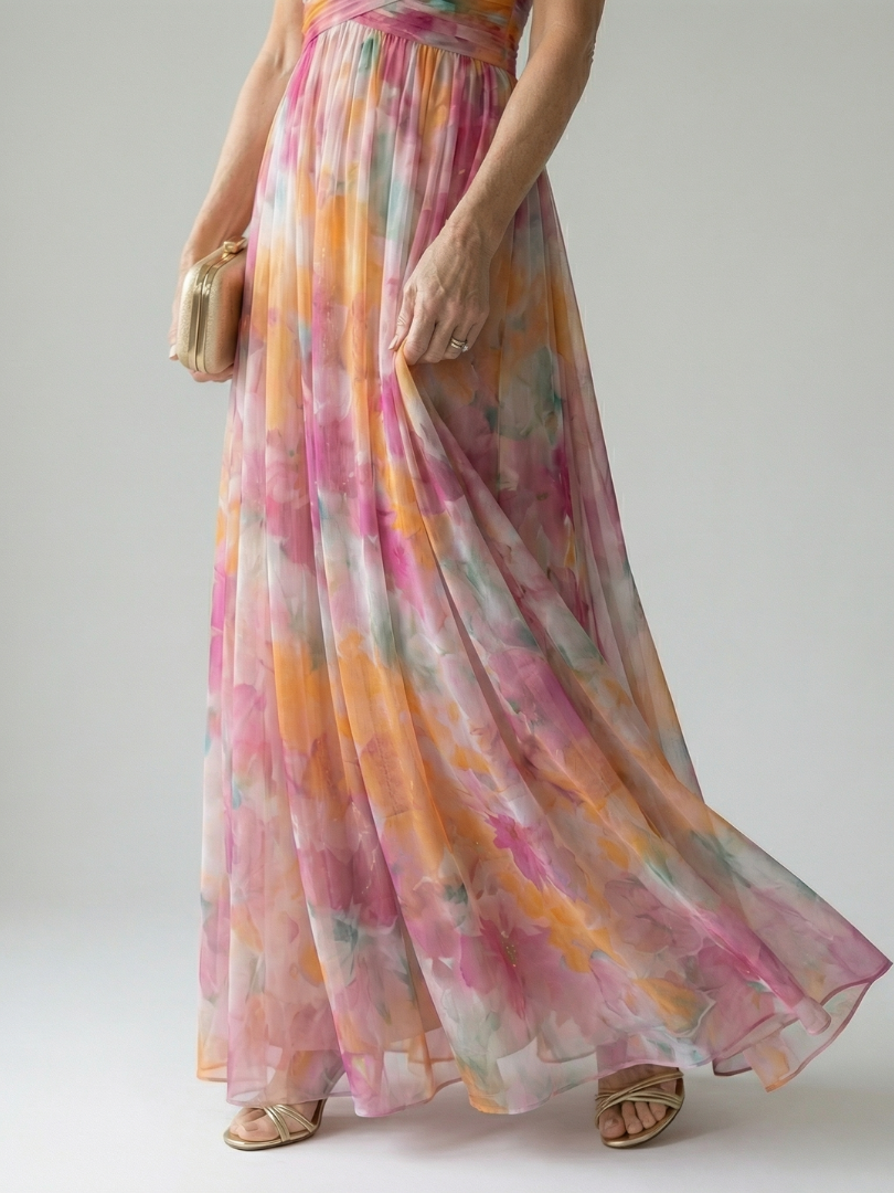 Maïwenn — Robe longue cache-cœur en voile imprimé