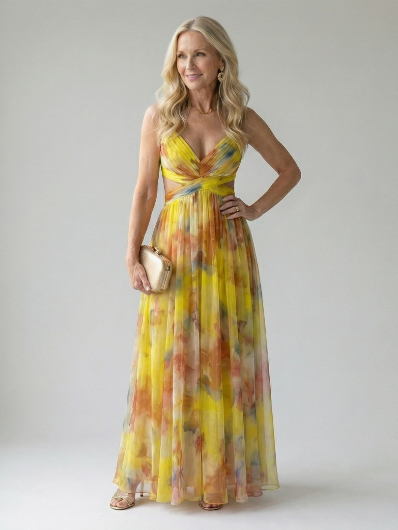 Maïwenn — Robe longue cache-cœur en voile imprimé, coloris Jaune aquarelle