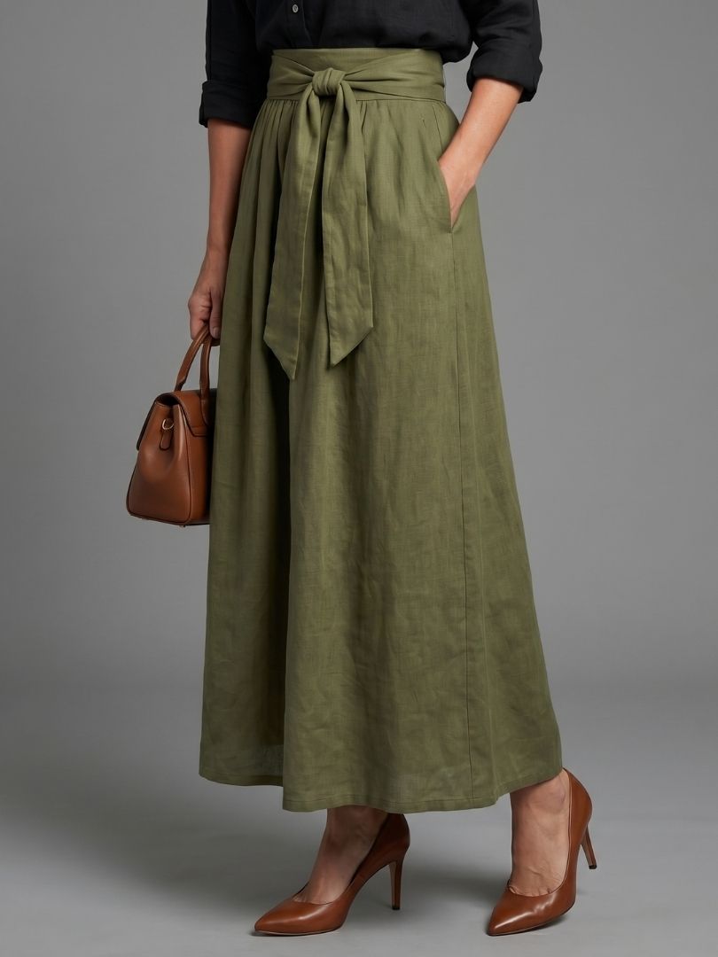 Femme portant un ensemble deux pièces avec chemisier boutonné et jupe midi