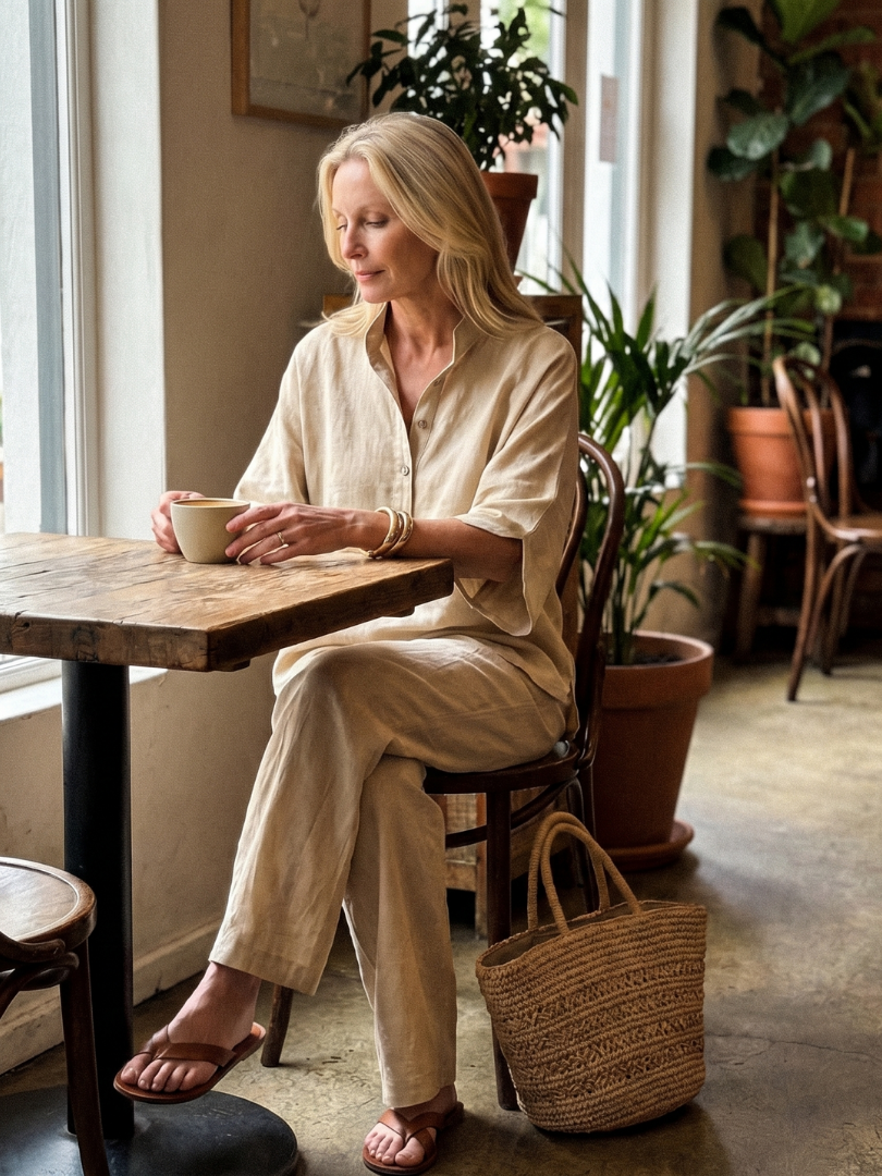 Femme portant un ensemble deux pièces avec tunique boutonnée et pantalon droit, coloris beige