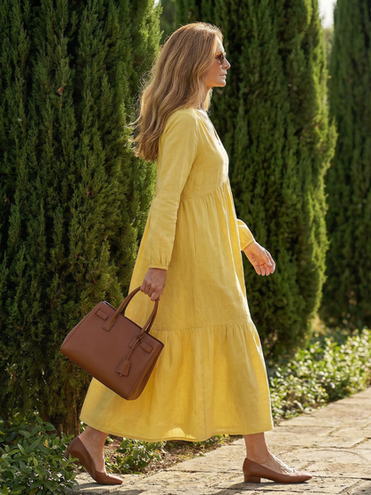 Claudine — Robe longue à col V boutonné et jupe étagée