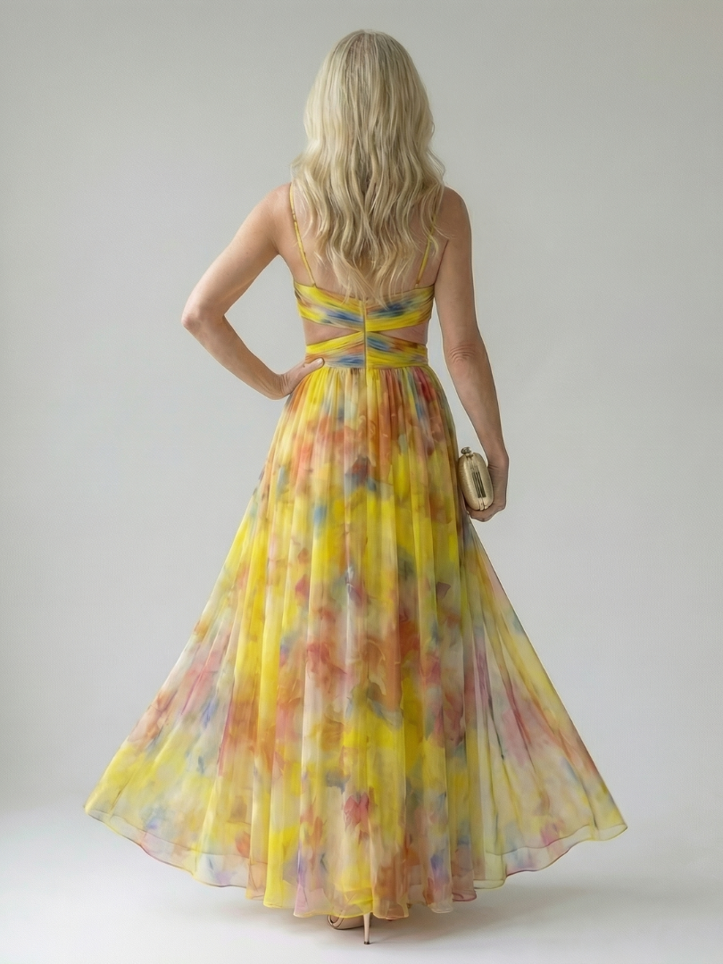 Maïwenn — Robe longue cache-cœur en voile imprimé