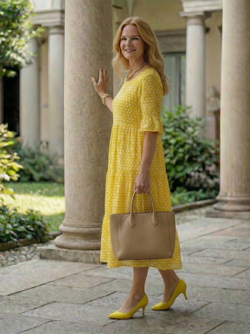 Marielle — Robe midi à pois et volants étagés