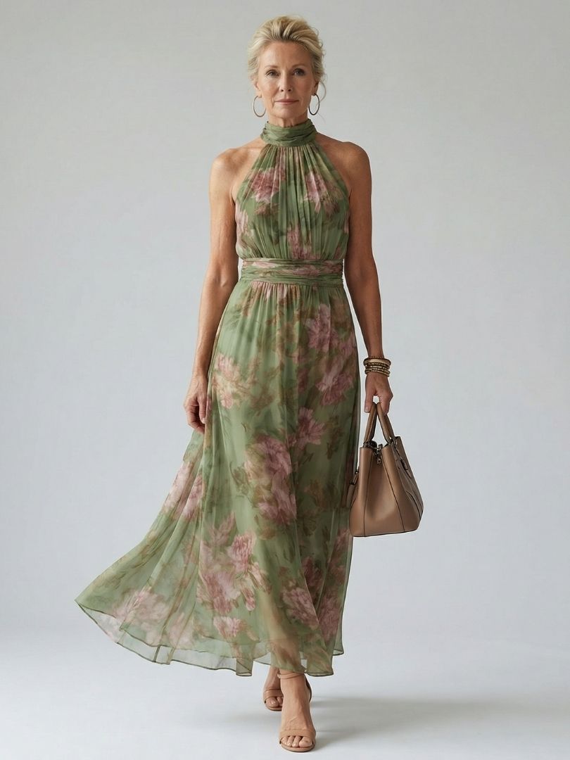 Anouck — Robe longue dos nu à taille froncée, coloris Vert sauge fleuri