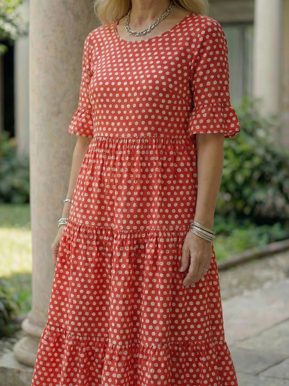 Marielle — Robe midi à pois et volants étagés