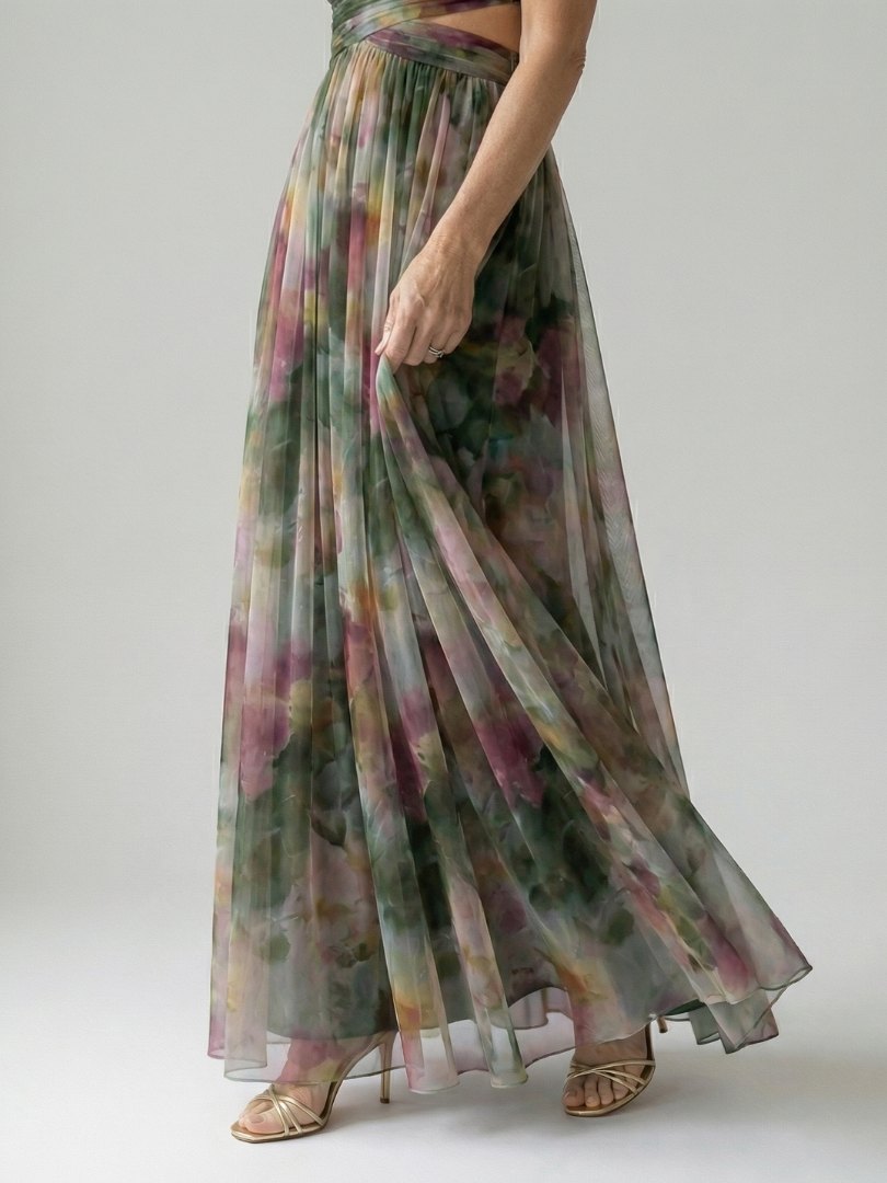 Maïwenn — Robe longue cache-cœur en voile imprimé