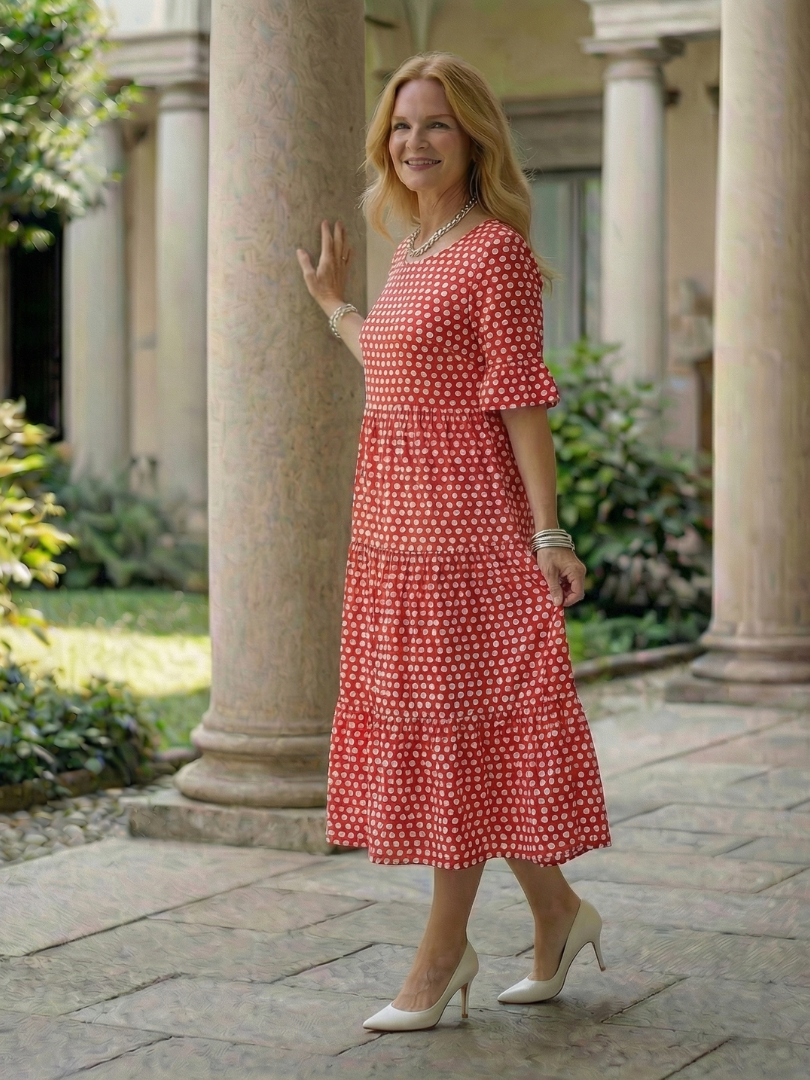 Marielle — Robe midi à pois et volants étagés, coloris Corail à pois