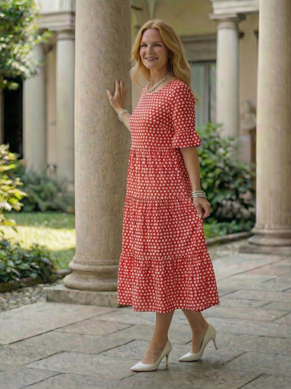 Marielle — Robe midi à pois et volants étagés, coloris Corail à pois