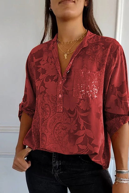 Blanchette | Blouse à motif floral ton sur ton — Rouge brique