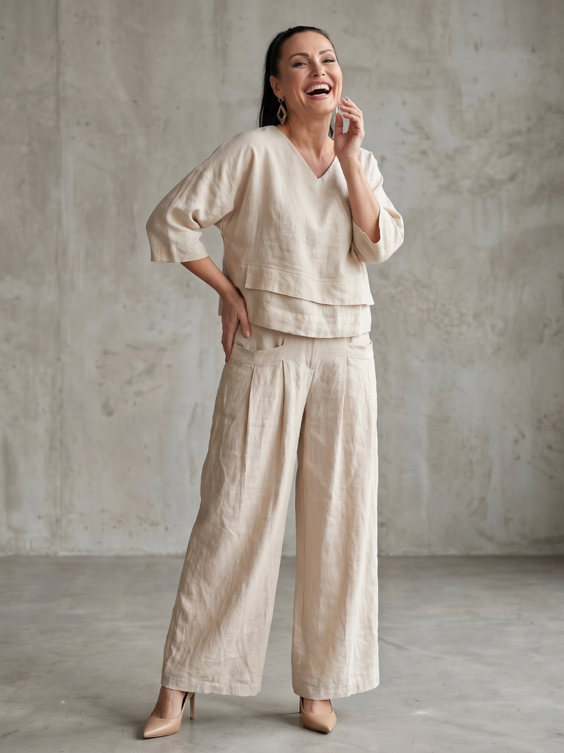 Femme portant un ensemble deux pièces avec haut superposé et pantalon à jambes larges, coloris beige