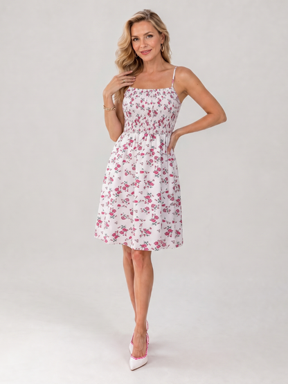 Angélique — Robe à bretelles et buste smocké fleuri, coloris Blanc fleuri