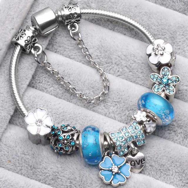 Campanule | Bracelet à breloques argenté avec perles bleues – Vue 01