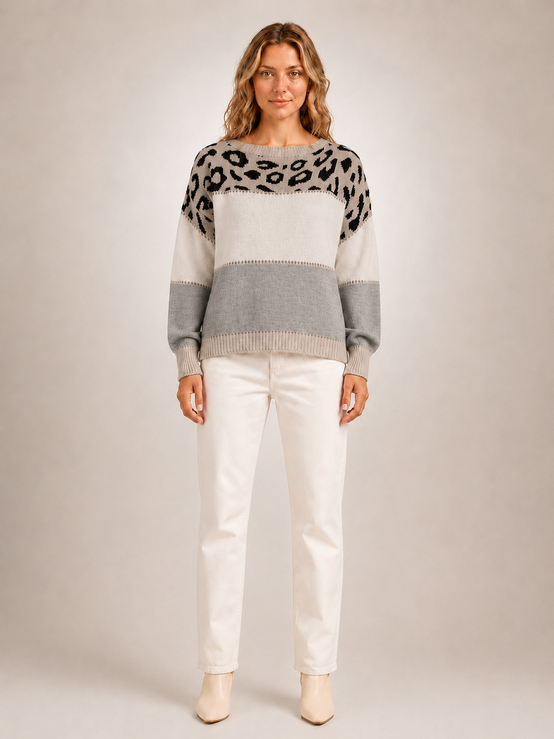 Béatrice | Sweter color-block z panelem w panterkę