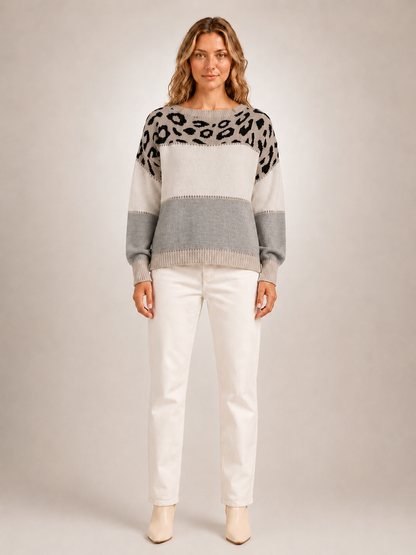 Béatrice | Sweter color-block z panelem w panterkę