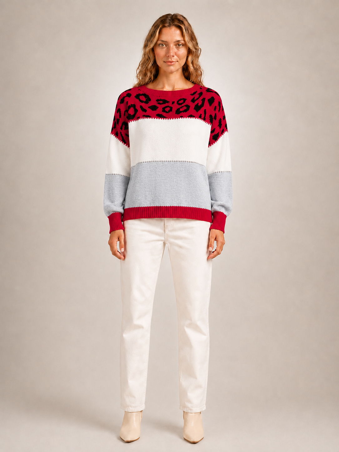Béatrice | Sweter color-block z panelem w panterkę