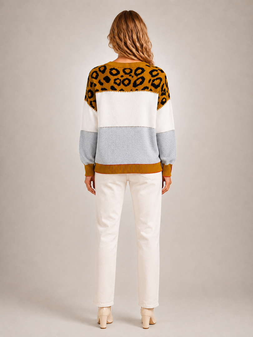 Béatrice | Sweter color-block z panelem w panterkę