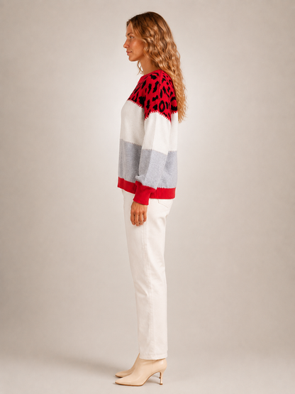 Béatrice | Sweter color-block z panelem w panterkę