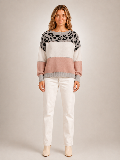Béatrice | Sweter color-block z panelem w panterkę