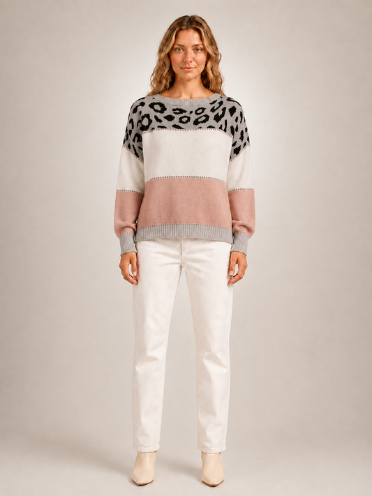 Béatrice | Sweter color-block z panelem w panterkę
