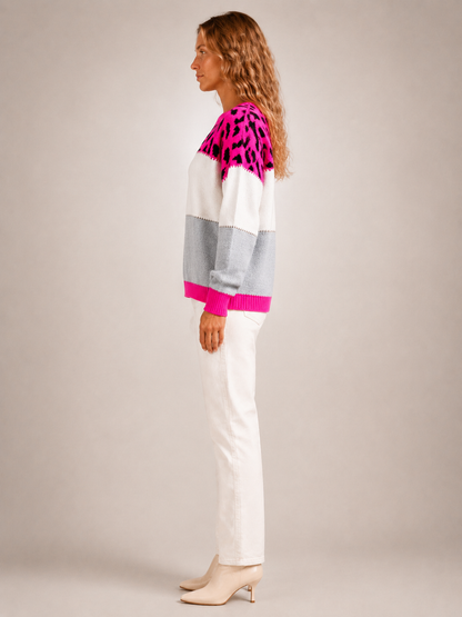 Béatrice | Sweter color-block z panelem w panterkę