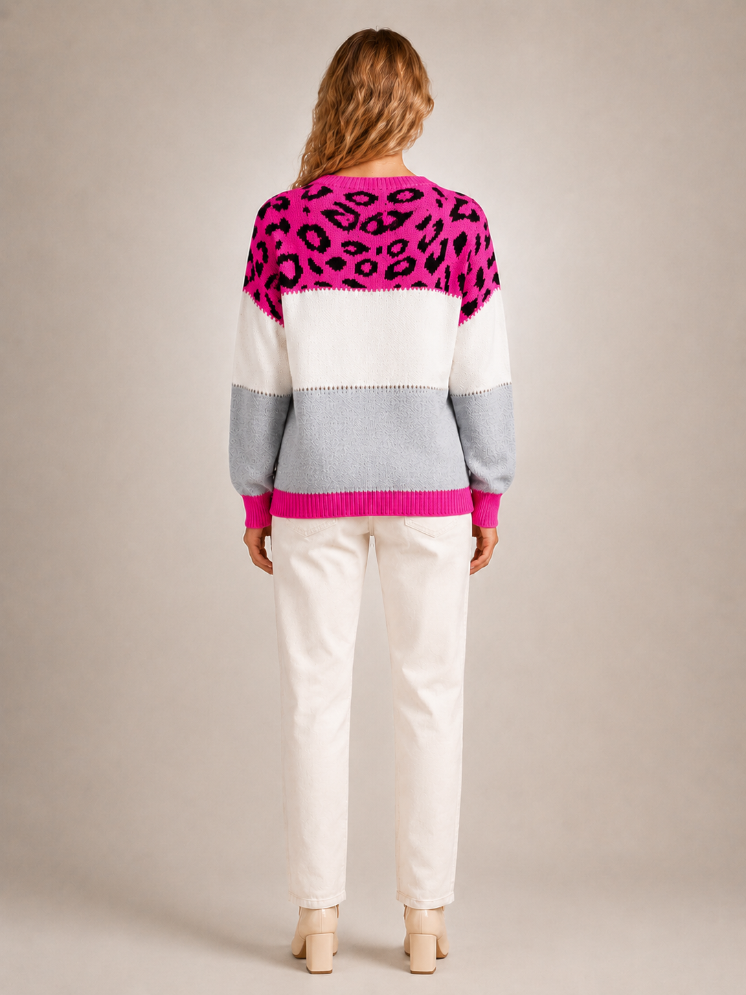 Béatrice | Sweter color-block z panelem w panterkę