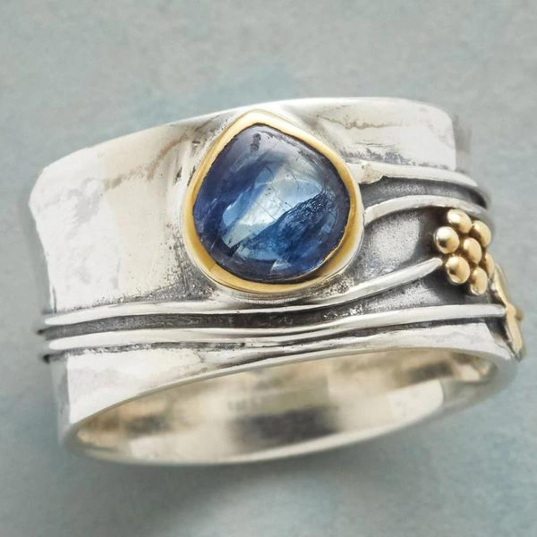 Anneau de Méditation | Bague large argentée avec pierres bleues – Vue 01