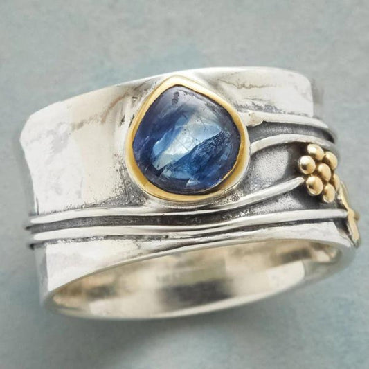 Anneau de Méditation | Bague large argentée avec pierres bleues – Vue 01