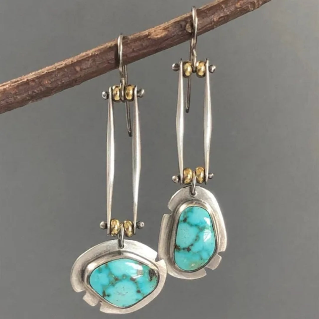 Cascade de Barres | Boucles d'oreilles argentées avec longues barres et pierre turquoise – Vue 01