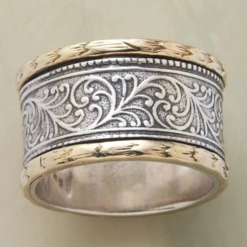 Anneau Gravé | Bague large argentée et dorée à motif gravé – Vue 01