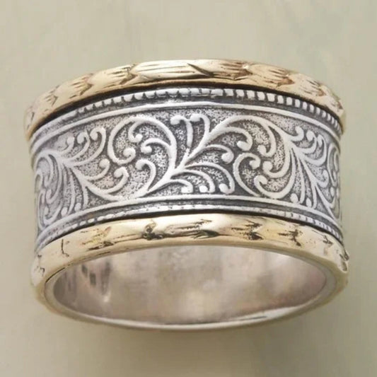 Anneau Gravé | Bague large argentée et dorée à motif gravé – Vue 01