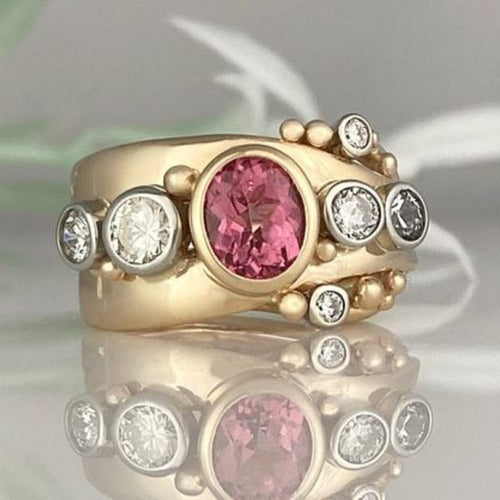 Rayure Rose | Bague dorée avec pierres roses et claires – Vue 01