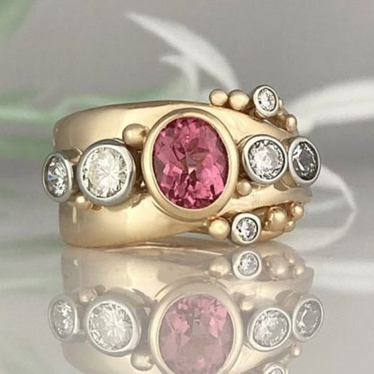 Rayure Rose | Bague dorée avec pierres roses et claires – Vue 01