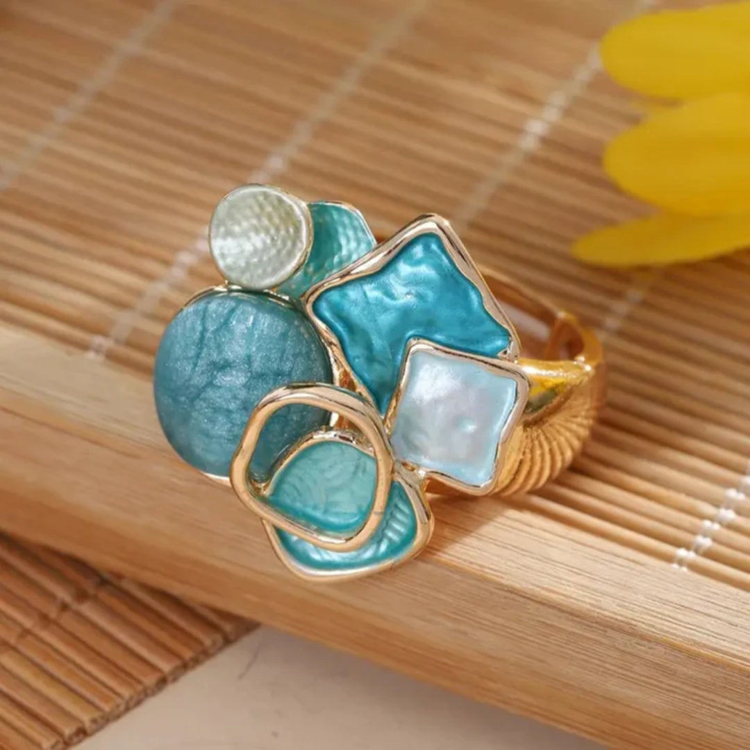 Éclat Marin | Bague dorée avec incrustations turquoise – Vue 01
