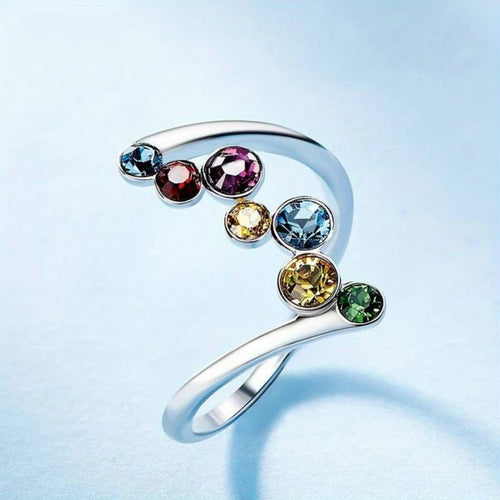 Courbe Colorée | Bague ouverte argentée avec petites pierres colorées – Vue 01