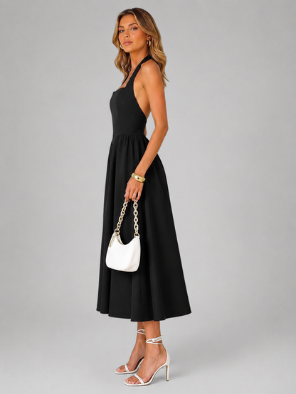 Célestine — Robe midi à col licou et jupe évasée